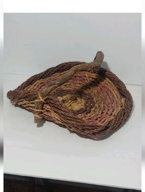 Handwoven Rope Basket with Wooden Handle - Brown & Tan